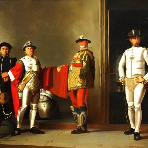 Prompt: the changing of the guard but with technicians, oil painting