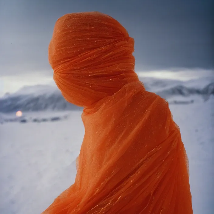 Prompt: closeup portrait of a woman wrapped in orange fiber, standing in alaska, aurora i in background, color photograph, by vincent desiderio, canon eos c 3 0 0, ƒ 1. 8, 3 5 mm, 8 k, medium - format print