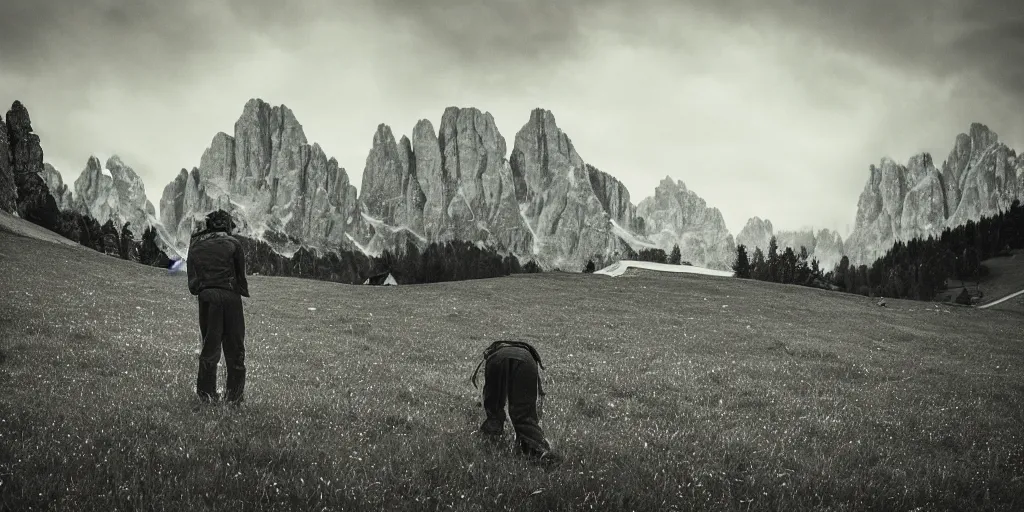 Prompt: dolomites, pastures, alps, alp, star rain, dark, eerie, despair, portrait photography, artstation, highly detailed, sharp focus, by cronneberg