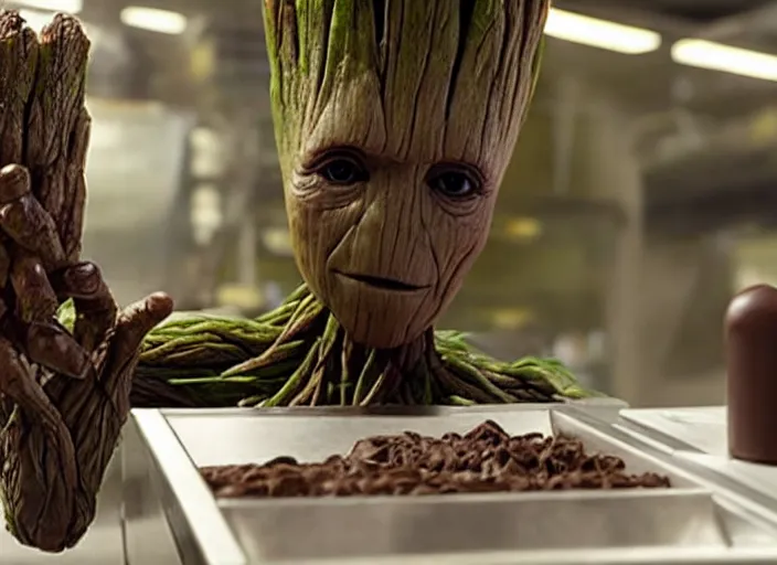 Prompt: film still of Groot working as a chocolatier in the new Avengers movie, 4k