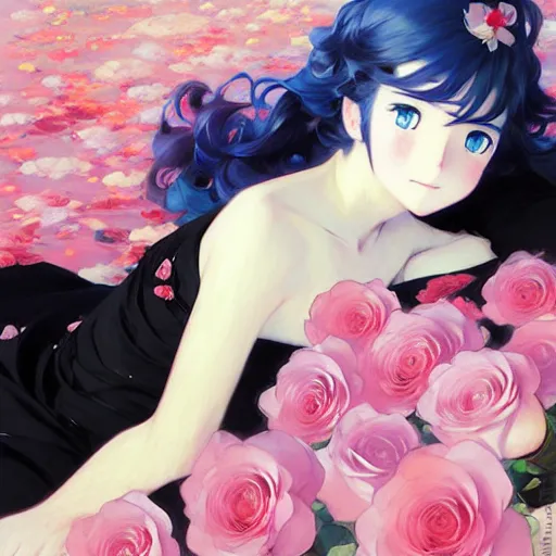 Image similar to beautiful rose anime blue - hair girl in elegent black dress, laying on roses, krenz cushart, mucha, ghibli, by joaquin sorolla rhads leyendecker, by ohara koson