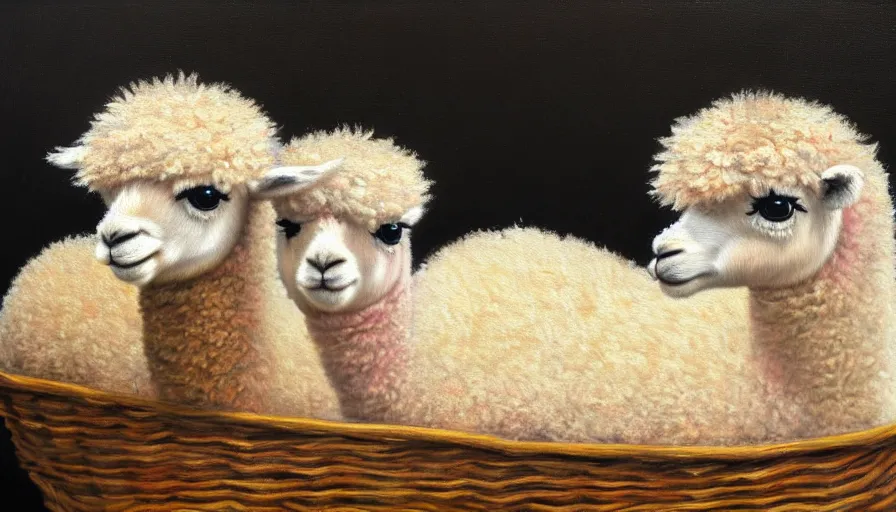 Image similar to highly detailed painting of cute baby alpacas cuddling up in a basket by william turner, thick brush strokes and visible paint layers, 4 k resolution