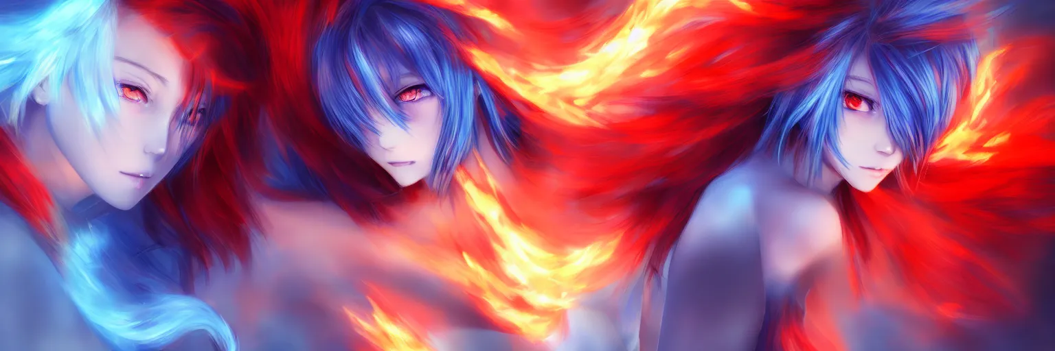 Image similar to advanced digital anime art, a very cute gorgeous teenage girl with a body made of fire and ice , full body, very long snow colored hair, sky blue highlights in hair, red fiery watery eyes, full round face, dramatic cinematic lighting, wideshot, highly intricately detailed, trending on pixiv, Artstation,