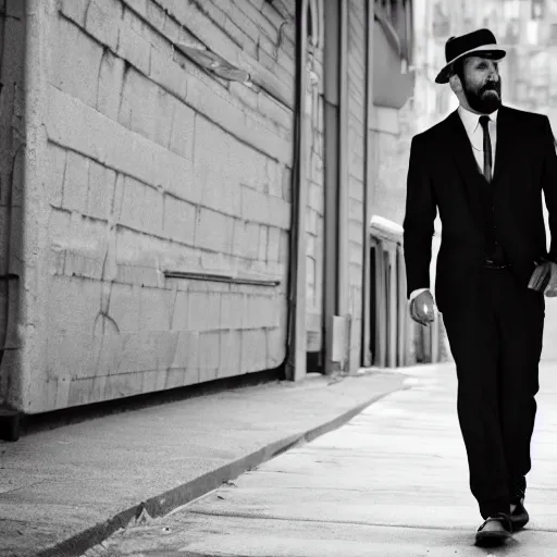 Prompt: bearded rugged man, noir detective, suit and tie, 4 k, photo realistic, black and white