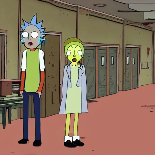 Image similar to school in silent hill, indoors, rick and morty