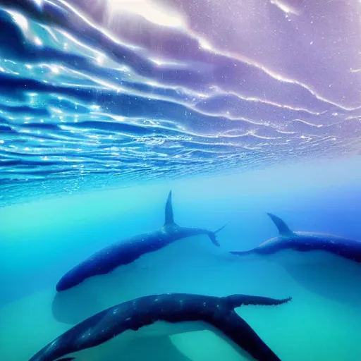 Image similar to underwater ocean, ten whales swimming to the surface, pod, family, calm, photograph, realistic, peaceful, light rays, beautiful, majestic, dapple, camera angle from below, distance,