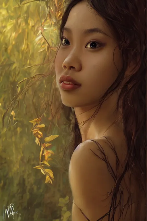 Image similar to stunningly beautiful, filipina prima ballerina in jungle, symmetrical face, golden hour, smooth, focus, highly detailed, hyper realistic, dramatic lighting, elegant, intricate, concept art, art by wlop, mars ravelo, greg rutowski, artstation