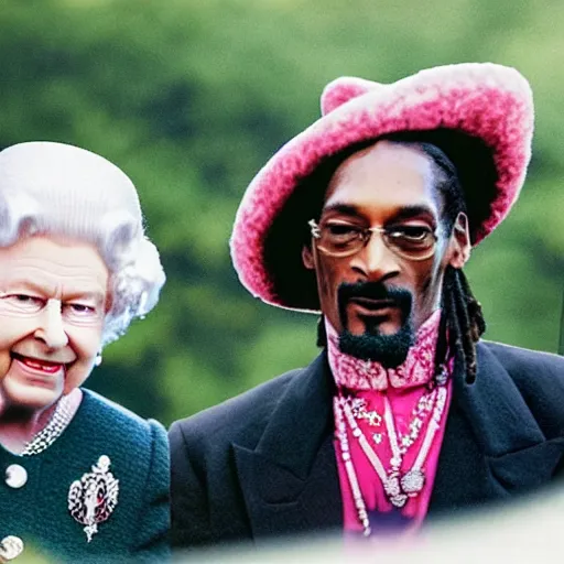 Prompt: Queen Elizabeth and Snoop Dogg smoking weed