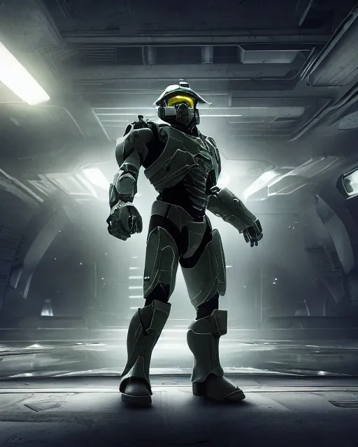 Image similar to off angle beautiful full body shot film still of master chief at night in science fiction city hard surface modeling unreal redshift