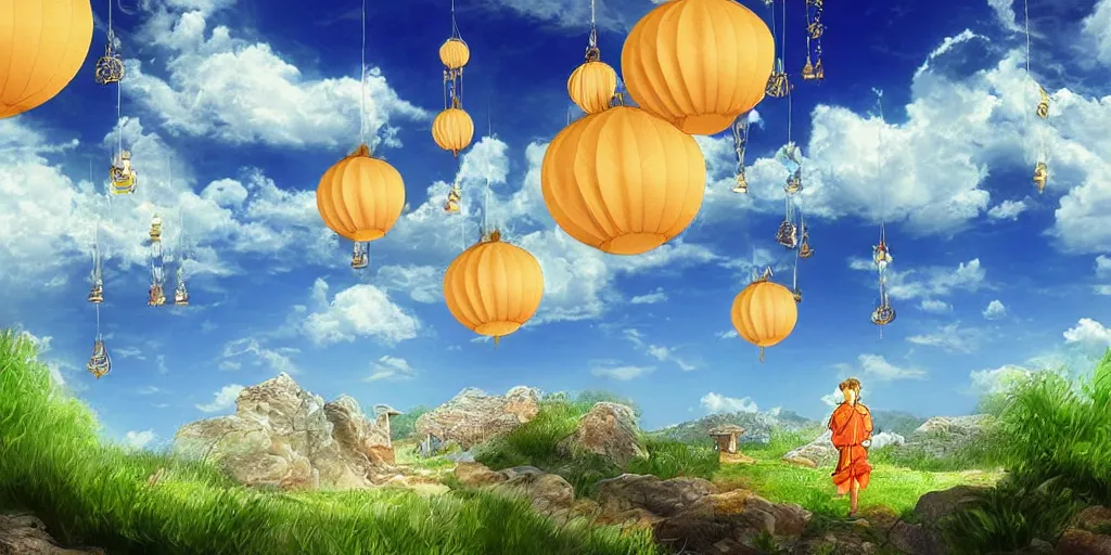 Image similar to wind deva enjoying the view from his stone heavenly palace, decorated with windchimes and paper lanterns, stunning nature and clouds in background, digital art