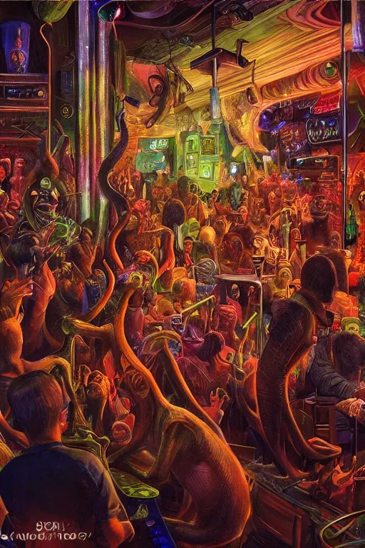 Prompt: Alien rodents from another planet visit a jazz nightclub in Harlem in 1946, an epic painting, volumetric lighting, intricate, elegant, highly detailed, digital painting, artstation, concept art, smooth, sharp focus, art by Mort Kunstler