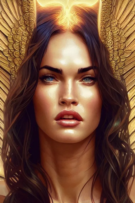 Image similar to portrait of megan fox as an blonde angel, wings, intricate, headshot, highly detailed, digital painting, artstation, concept art, sharp focus, cinematic lighting, illustration, art by artgerm and greg rutkowski, alphonse mucha, cgsociety