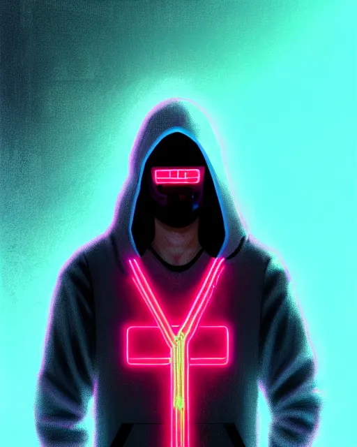 Image similar to cyberpunk synth, hyper - realistic portrait of a man in a hoodie with detailed neon mask, cyberpunk, intricate, digital painting, by atey ghailan, by greg rutkowski, by greg tocchini, by james gilleard, by joe fenton, by kaethe butcher, dynamic lighting, gradient light blue, lighting color scheme, sharp focus, grunge aesthetic