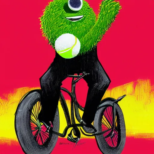 Prompt: a tennis ball monster, tennis ball, dark, chalky, riding a bike, digital art, fantasy, magic, trending on artstation, ultra detailed, professional illustration by Basil Gogos