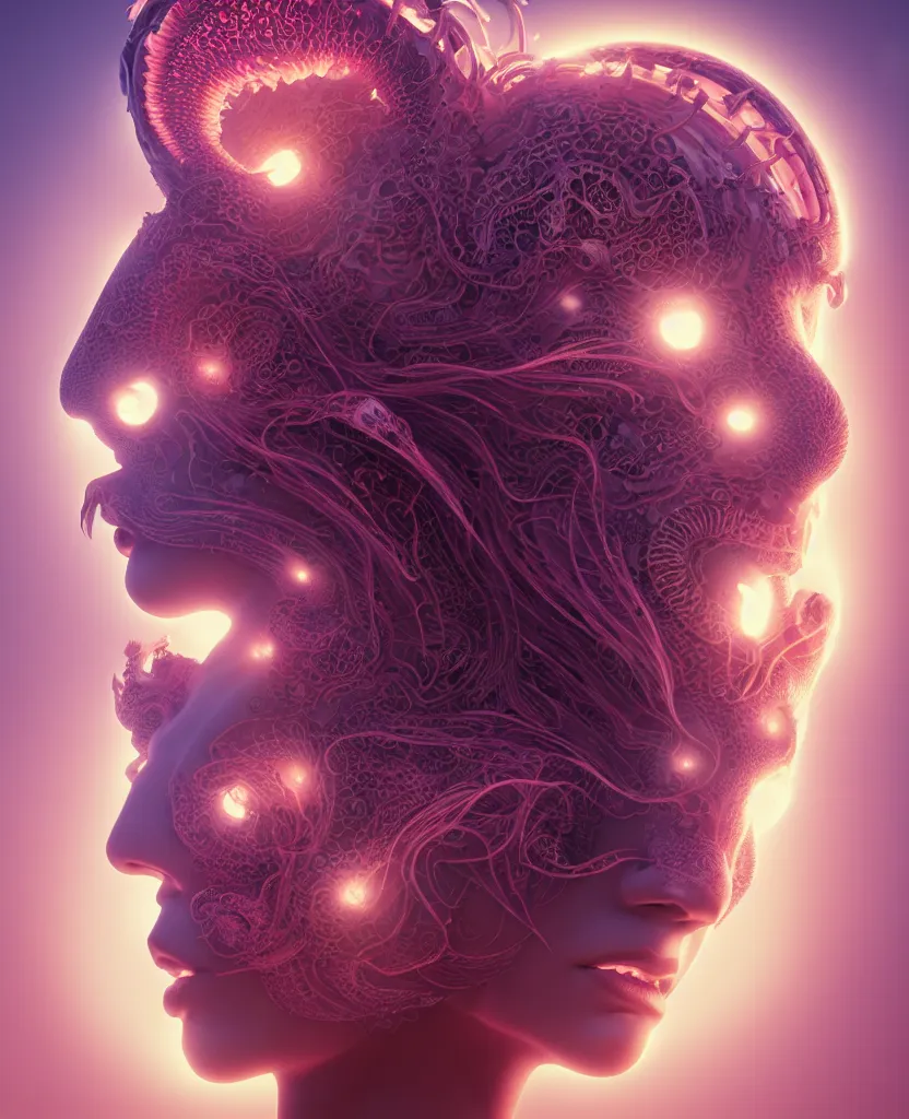 Image similar to goddess close-up face portrait. chimera orchid jellyfish phoenix head, nautilus, skull, betta fish, bioluminiscent creatures, intricate artwork by Tooth Wu and wlop and beeple. octane render, trending on artstation, greg rutkowski very coherent symmetrical artwork. cinematic, hyper realism, high detail, octane render, 8k