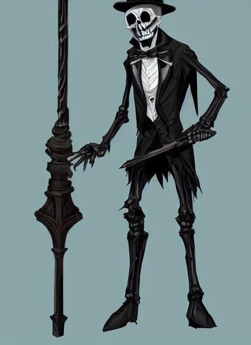 Image similar to DND character art, skeletal male figure, wearing a deep black suit!!! and tie and top hat, holding a gold! cane!. blue!!! flames!!