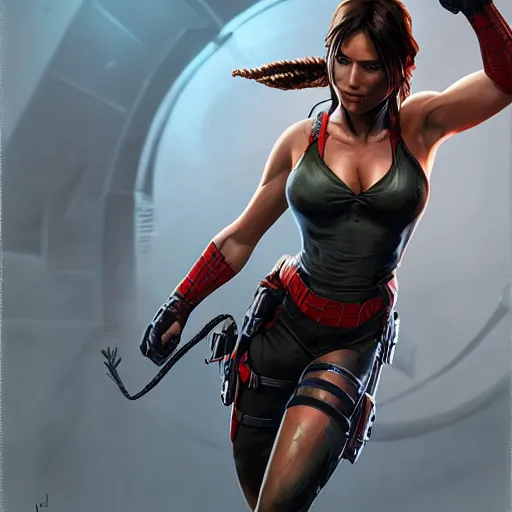Prompt: Lara croft as spiderwoman, intricate, highly detailed, digital painting, artstation, concept art, smooth, sharp focus, illustration, Unreal Engine 5, 8K, artgerm, rutkowski, mucha
