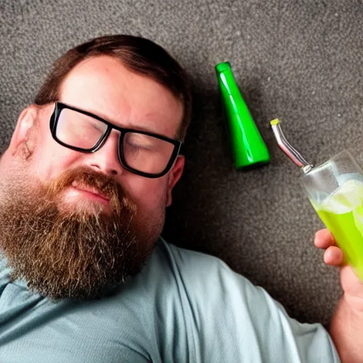 Prompt: chubby white man wearing glasses with a beard, passed out on the floor with mountain dew cans next to him,
