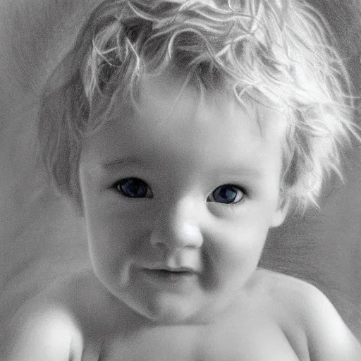 Image similar to pencil drawing of a toddler boy with curly light blond hair and blue eyes, photography, realistic