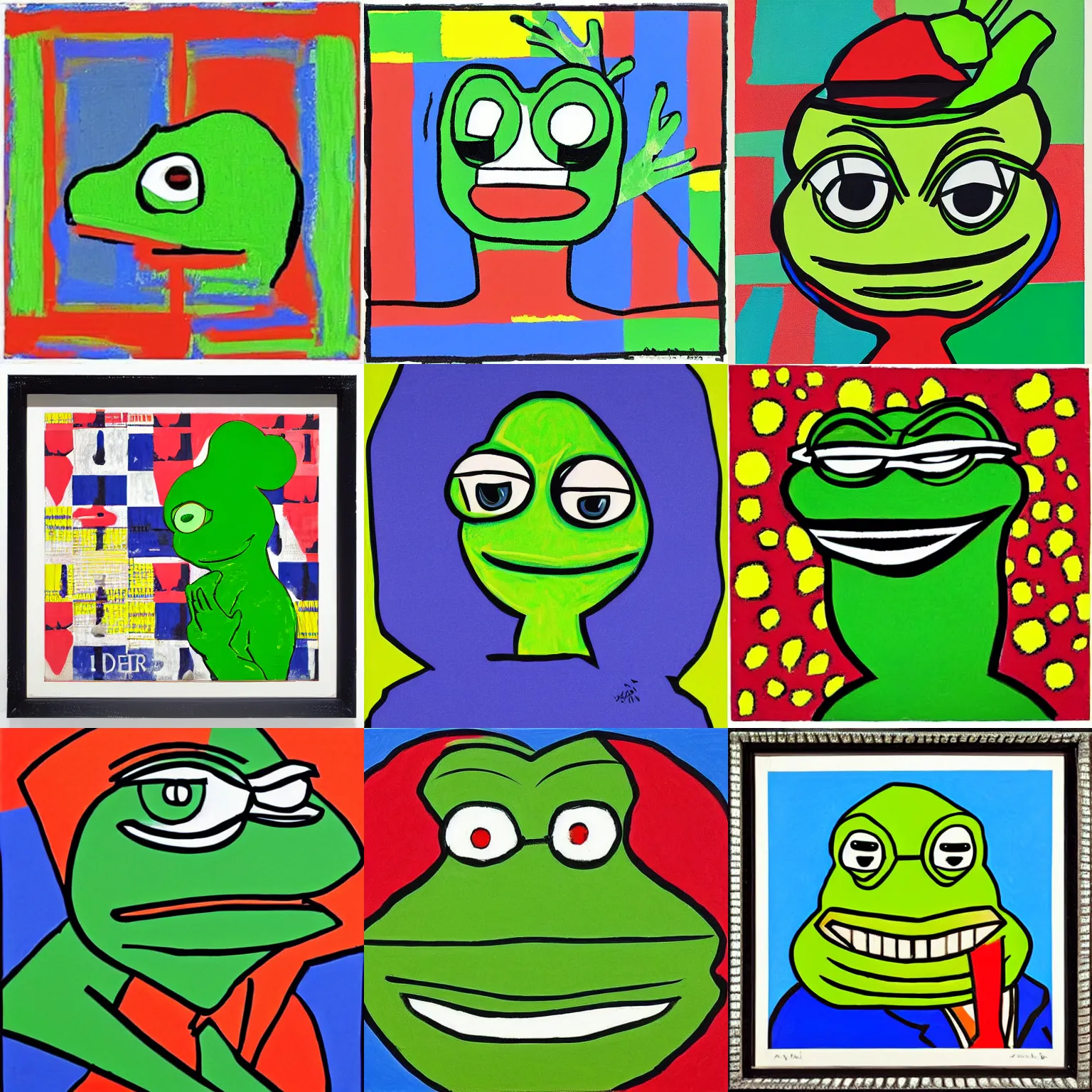Prompt: pepe the frog, pop art style, by Jasper Johns and Alex Katz,