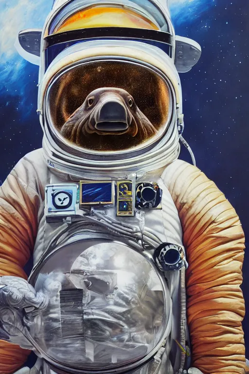Prompt: platypus astronaut, oil on canvas, intricate, portrait, 8 k highly professionally detailed, hdr, cgsociety