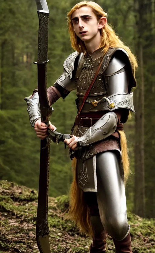 Prompt: epic cinemati shot of Timothee Chalamet starring as Link from Legend of Zelda, 8k movie scene, elf ears, long blonde hair, +++ super super super dynamic posing, super serious facial expression, holding a sword & shield, ocarina of time movie, concept photos, dynamic lighting, dynamic shaders, night time, in the forest, fairy light above