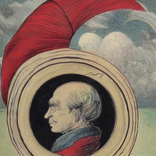 Image similar to crescent moon with man face smiling portrait, side view, surrounded by clouds, illustrated by peggy fortnum and beatrix potter and sir john tenniel