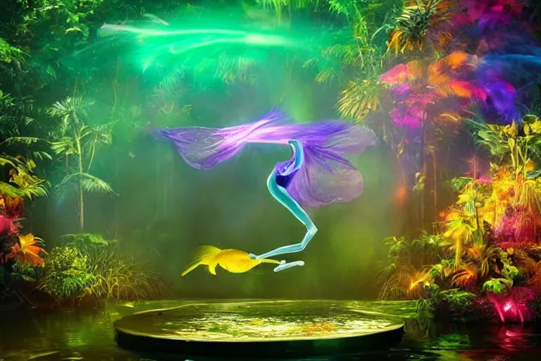 Image similar to ethereal glowing goddess dancing on a pond in the jungle surrounded by colorful glowing flying fish at night cinematic by Ridley Scott