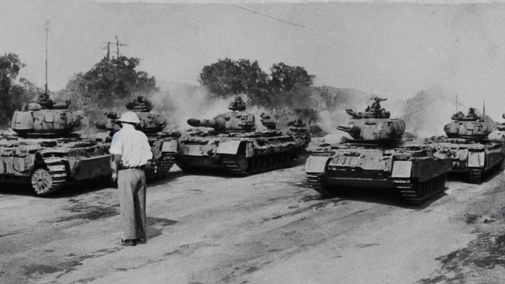 Prompt: old historic photograph with person in white shirt, holding grocery bags, standing alone on the road facing four battle tanks approaching him, intense photo