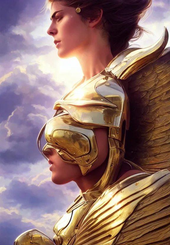 Image similar to A beautiful fierce photogenic angel wearing metallic battle armor, posing heroically with heavenly sunlit clouds in the background, close-up shot, elegant, digital painting, golden hour, cinematic, epic, trending on artstation, concept art, smooth, sharp focus, illustration, art by artgerm and Greg Rutkowski and Alphonse Mucha