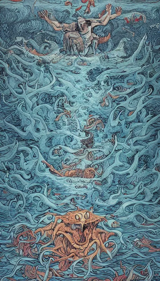 Prompt: man on boat crossing a body of water in hell with creatures in the water, sea of souls, by james jean,