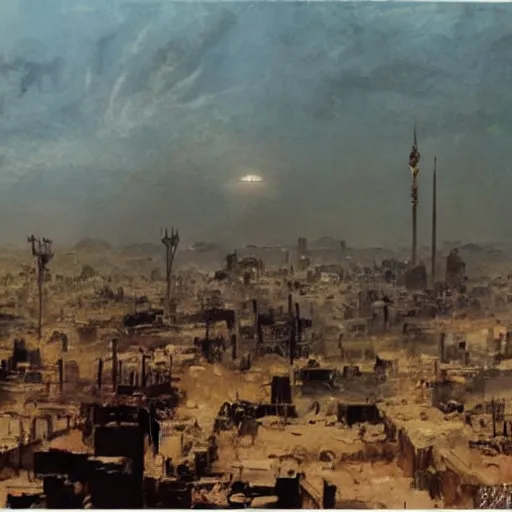 Prompt: the city of baghdad in post apocalyptic Iraq, painting by frazetta, wide angle, panorama