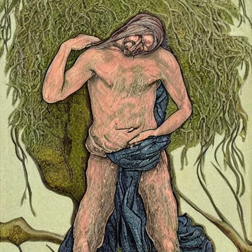 Prompt: The art installation shows a man caught in a storm, buffeted by wind and rain. He clings to a tree for support, but the tree is bent nearly double by the force of the storm. The man's clothing is soaked through and his hair is plastered to his head. His face is contorted with fear and effort. art nouveau by Ford Madox Brown, by Henri-Edmond Cross unplanned