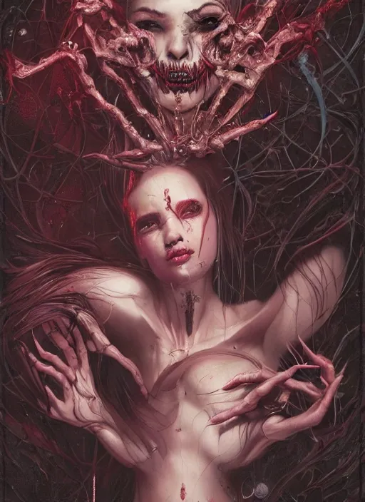 Image similar to a dream portrait of a gorgeous succubus stealing a soul, beautiful, terrifying, melting, webbing, 8 k, by tristan eaton, stanley artgerm, tom bagshaw, greg rutkowski, carne griffiths, ayami kojima, beksinski, giger, trending on deviantart, face enhance, hyper detailed, minimalist, horror, full colour