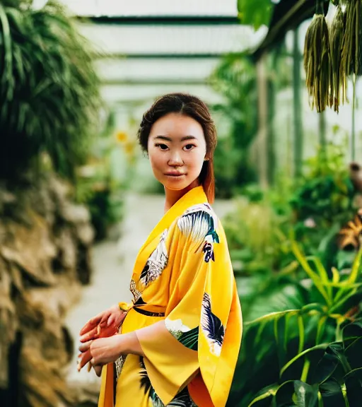 Image similar to head to shoulder Portrait a beautiful young woman wearing a yellow kimono in a tropical greenhouse with a very detailed barn owl on her shoulder, medium format camera, 85mm f1.8, bokeh