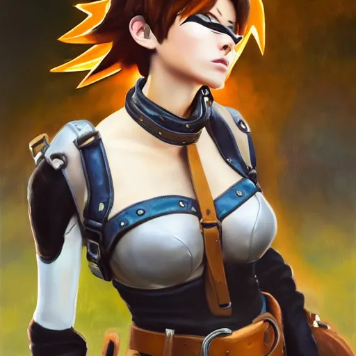 prompthunt: oil painting of tracer overwatch in a field wearing large  leather belt choker around neck, in style of mark arian, expressive face,  detailed face, detailed eyes, full body, feminine face, tracer