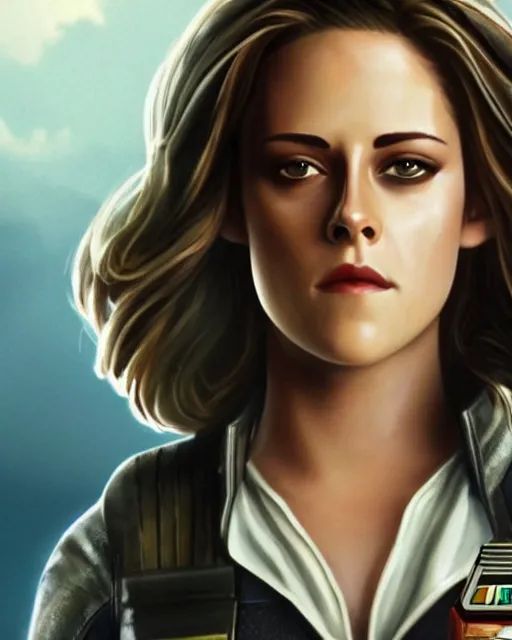 Image similar to kristen stewart ( from twilight ) portraying a beautiful jaina solo from star wars legends, beautiful kristen stewart jaina solo as a rogue squadron pilot, without lightsaber, movie, hyper realistic, hollywood promotional image, imax, 8 k