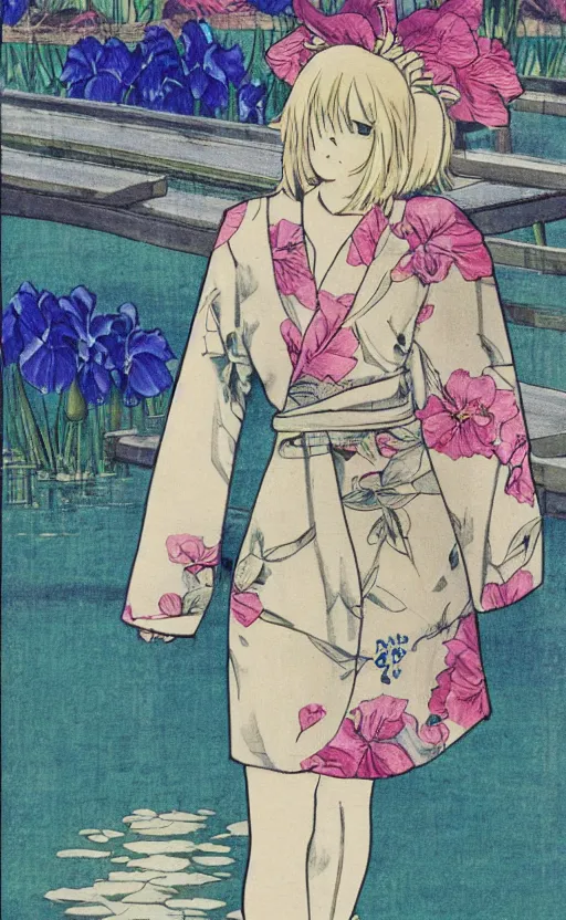 Prompt: by akio watanabe, manga art, a blond girl walking on wooden lake bridge and iris flowers, trading card front, kimono, realistic anatomy