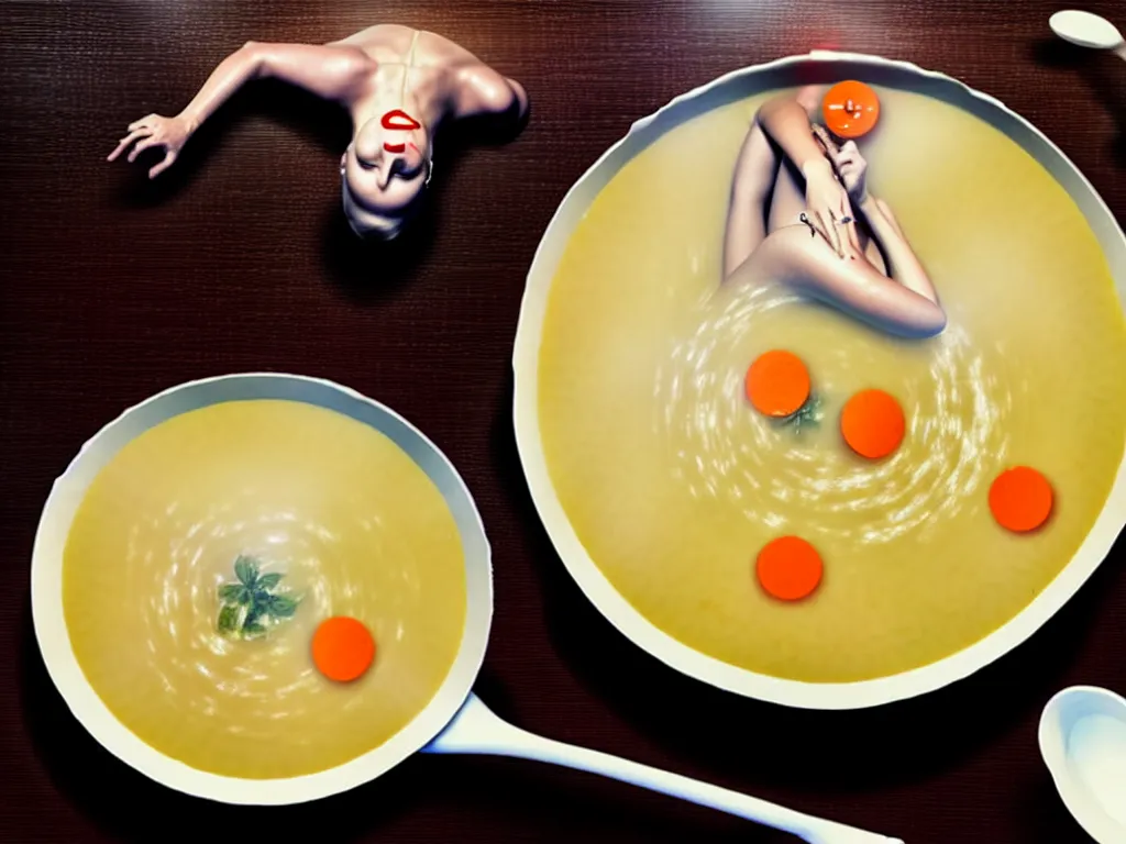 Image similar to taylor swift swimming in a bowl of soup