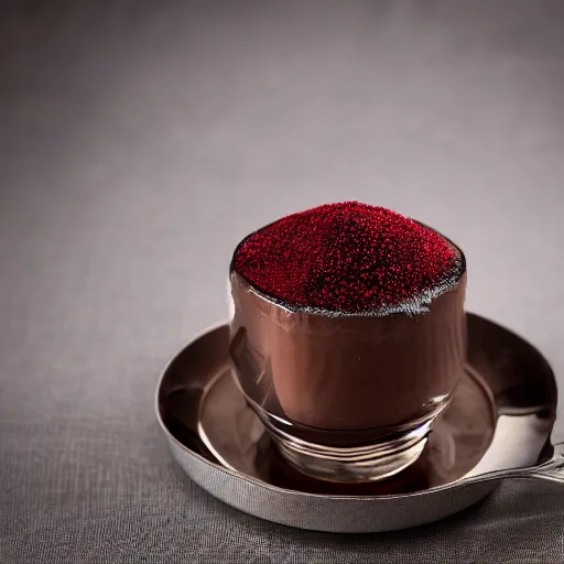 Image similar to extremely delicious looking photo of sweet desert in fancy stylish cup, very expensive top quality product, michelin star, most perfect desert on the world, small manufacture, unique style, 8 k, product photography, professional studio photography