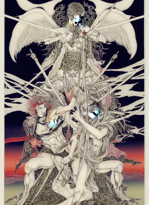 Image similar to battle between good and evil , battle between angels and demons, by and Austin Osman Spare and Takato Yamamoto and Yoshitaka Amano, high resolution, ultra detailed