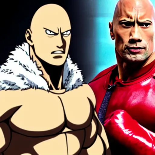 Prompt: dwayne the rock johnson cosplaying as saitama of one punch man