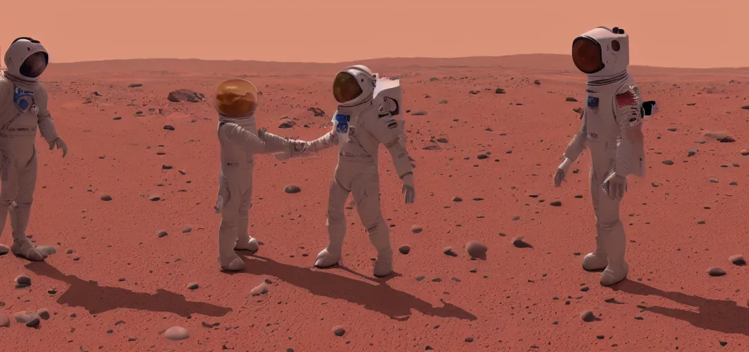 Image similar to a surreal painting of a primitive man meeting an astronaut on the surface of mars, volumetric lighting