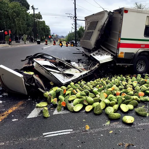 Prompt: photo of an avocado truck accident that overturned and spilled tons of avocados on the road, people walking around and picking up avocados from the road