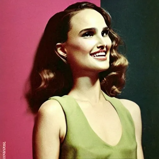 Image similar to “Natalie Portman portrait, color vintage magazine illustration 1950”