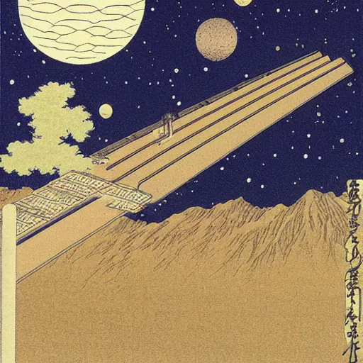 Prompt: Liminal space in outer space by Hasui Kawase