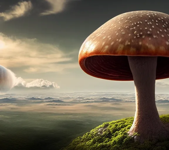 Image similar to a giant mushroom that stretches above the clouds with an upside down city built inside it's cap. highly detailed 8 k. intricate. lifelike. soft light. nikon d 8 5 0. cinematic post - processing