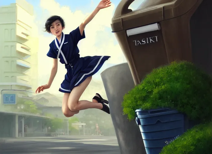 Image similar to portrait of an Italian Japanese young woman school with short hair wearing a navy and white sepuku uniform and jumping outside a green trashbin in Kalakaua avenue in Waikiki, intricate, elegant, highly detailed, centered, digital painting, artstation, concept art, smooth, sharp focus, illustration, by Peter Mohrbacher, WLOP