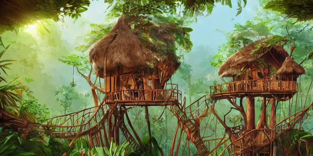 Prompt: a tree house in the jungle, sunshine, by alba ballesta gonzalez. 4 k wallpaper, digital flat 2 d, japan animation, comic book, illustration, cinematic lighting, smooth sharp focus.