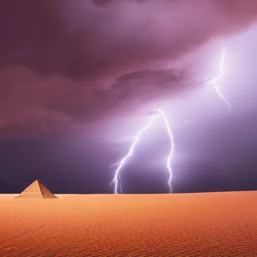 Prompt: cinematic wide shot of a lightning storm within a sandstorm, in the Egyptian desert, Great Pyramid of Giza, sense of awe, photoreal, establishing shot, cinematic composition, matte painting, artstation,